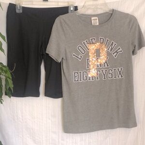 PINK Love Pink gray tshirt short sleeve SZ XS & CHAMPION SZ S spandex shorts